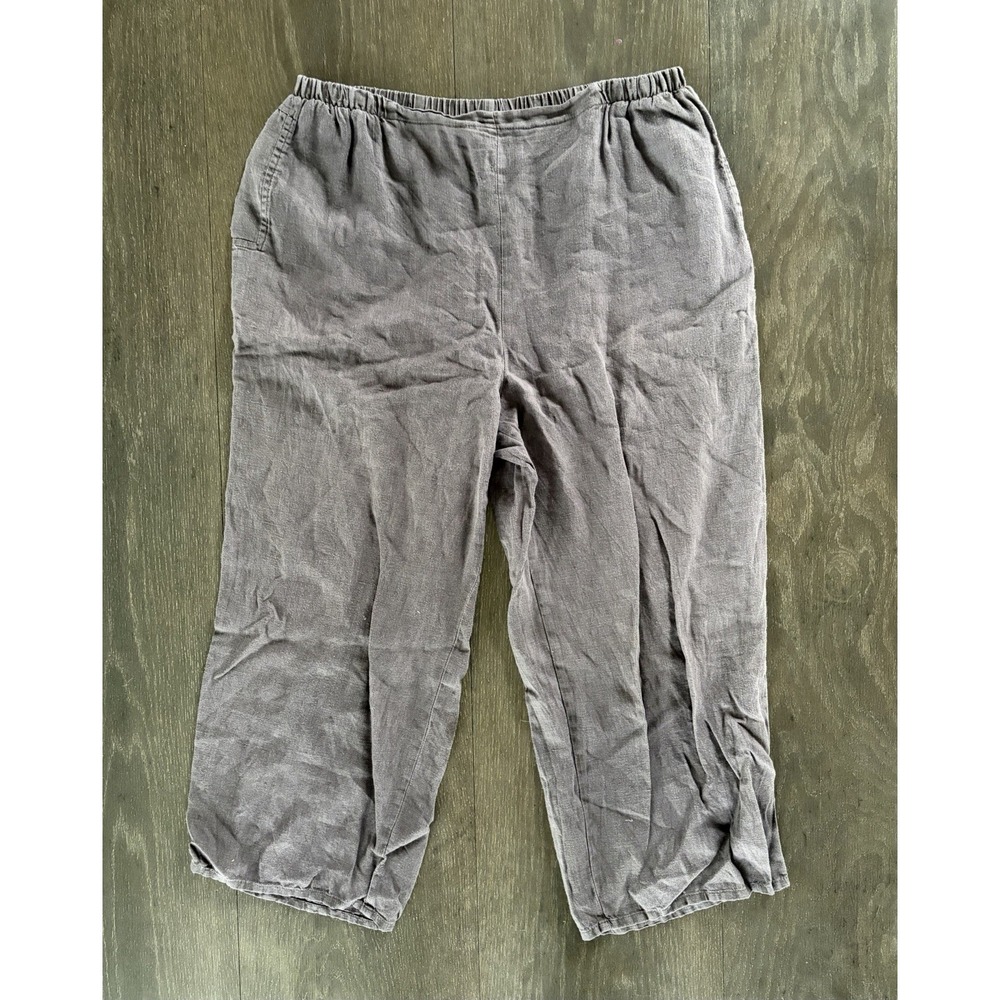Flax Heathered 100% Linen Pants Wide Leg Cropped Elastic Waist Size L Light